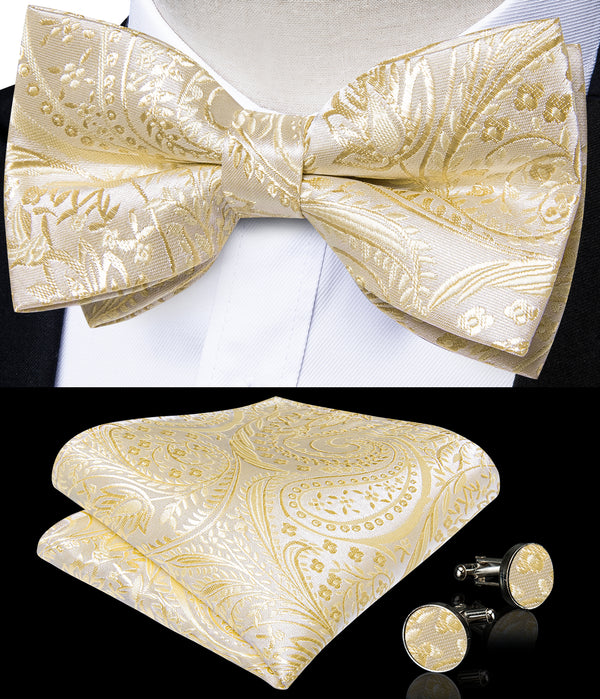 Classic Champagne Paisley Floral Men's Pre-tied Bowtie Pocket Square Cufflinks Set