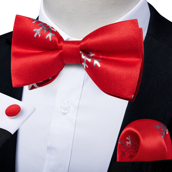 Red Sliver Christmas SnowFlacke Novelty Pre-tied Bow Tie Hanky Cufflinks Set