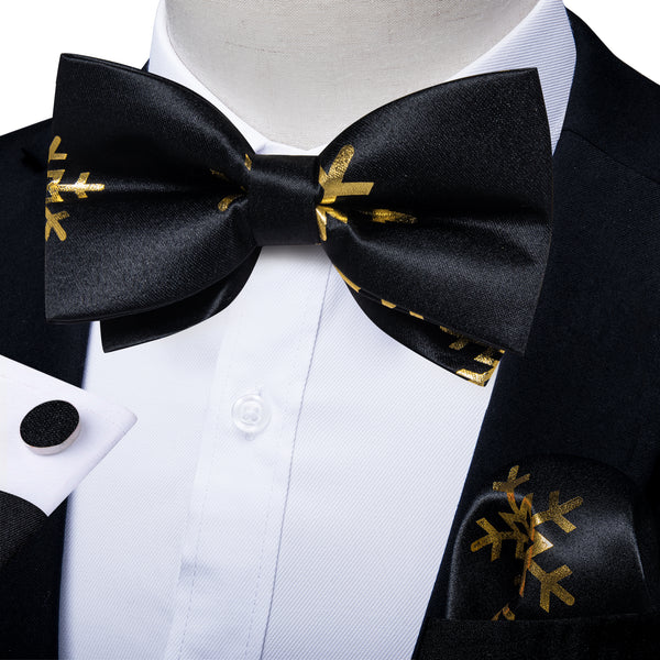 Black Golden Christmas SnowFlacke Novelty Pre-tied Bow Tie Hanky Cufflinks Set
