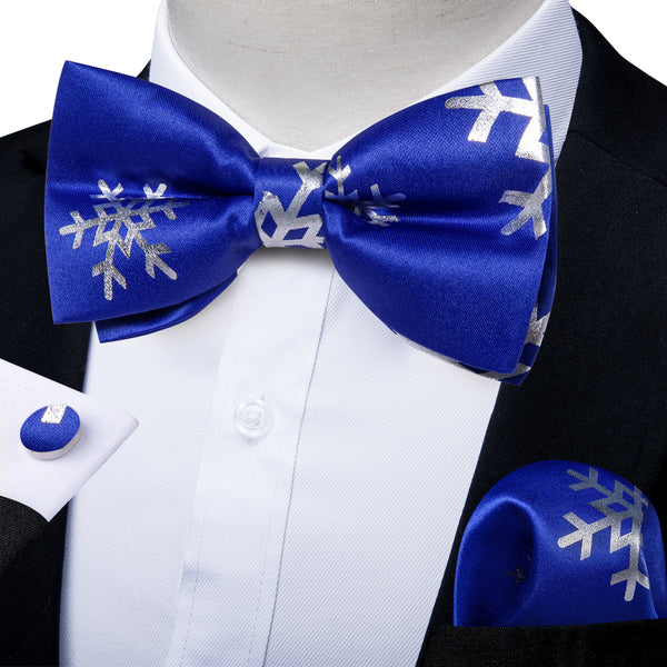 Blue Sliver Christmas SnowFlacke Novelty Pre-tied Bow Tie Hanky Cufflinks Set