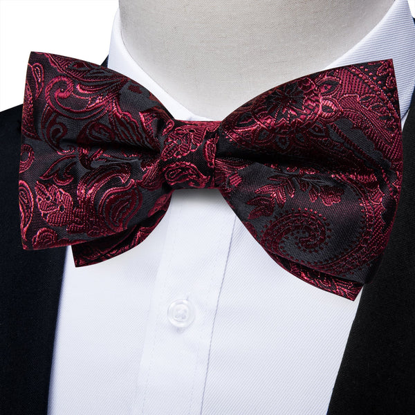 Ties2you Burgundy Paisley Bow Tie Pre-tied Black Formal Bowtie Pocket Square Cufflinks Set