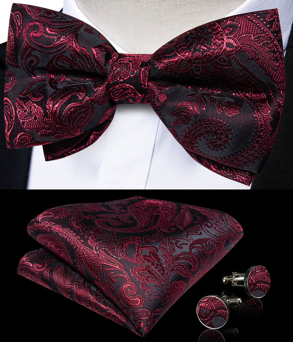 Black Red Paisley Luxury Men's Pre-tied Bowtie Pocket Square Cufflinks Set