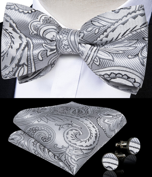 Silver Gray Paisley Luxury Men's Pre-tied Bowtie Pocket Square Cufflinks Set