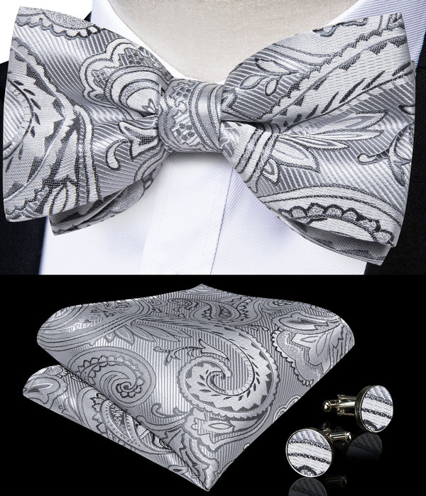 Ties2you Gray Pre-tied Bowtie Paisley Tuxedo Bow Tie Pocket Square Cufflinks Set for Men