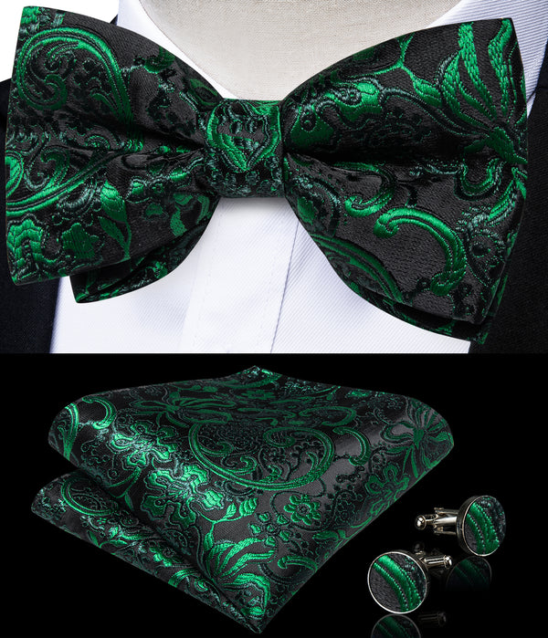 Black Green Floral Luxury Men's Pre-tied Bowtie Pocket Square Cufflinks Set