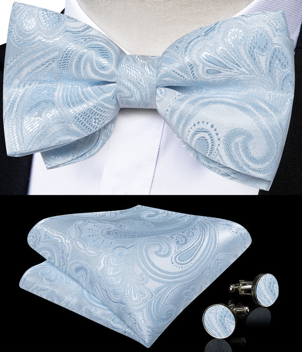 Baby Blue Floral Luxury Men's Pre-tied Bowtie Pocket Square Cufflinks Set