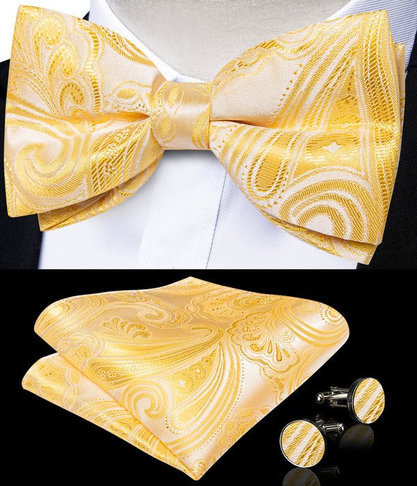 Light Yellow Floral Luxury Men's Pre-tied Bowtie Pocket Square Cufflinks Set