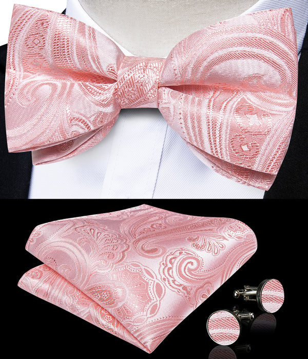 Baby Pink Floral Luxury Men's Pre-tied Bowtie Pocket Square Cufflinks Set