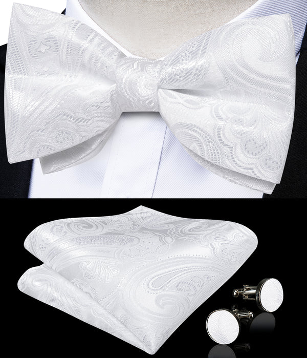 Classic White Floral Luxury Men's Pre-tied Bowtie Pocket Square Cufflinks Set