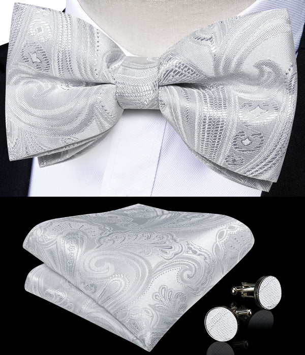 Classic Silver Floral Luxury Men's Pre-tied Bowtie Pocket Square Cufflinks Set
