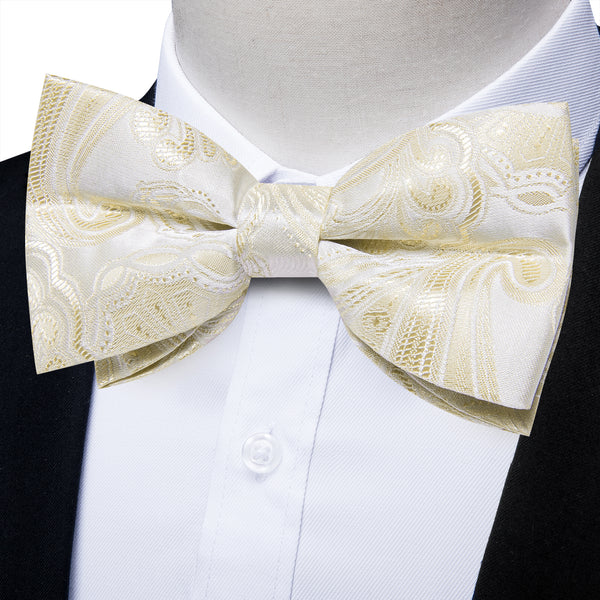 Pearl White Bow Tie for Men Linen White Floral Pre-tied Bow Tie Hanky Cufflinks Set