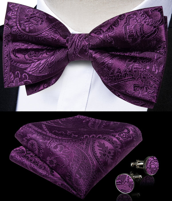 Deep Purple Floral Luxury Men's Pre-tied Bowtie Pocket Square Cufflinks Set