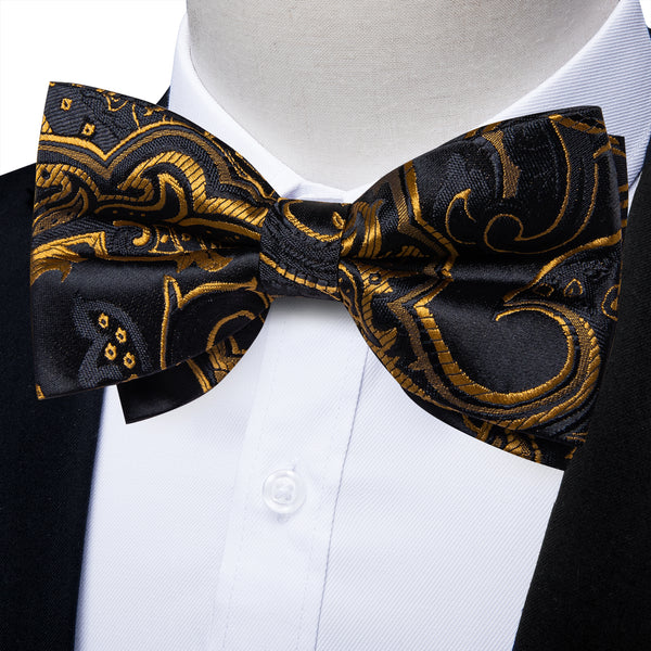 Black Golden Paisley Pre-tied Bow Tie Hanky Cufflinks Set
