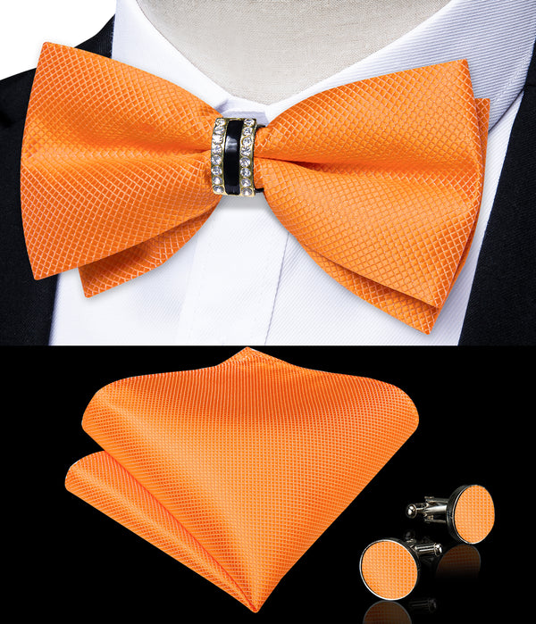 New Orange Solid Plaid Silk Luxury Pre-tied Ring Bow Tie Hanky Cufflinks Set