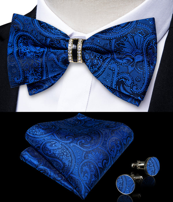 New Royal Blue Paisley Luxury Silk Pre-tied Ring Bow Tie Hanky Cufflinks Set