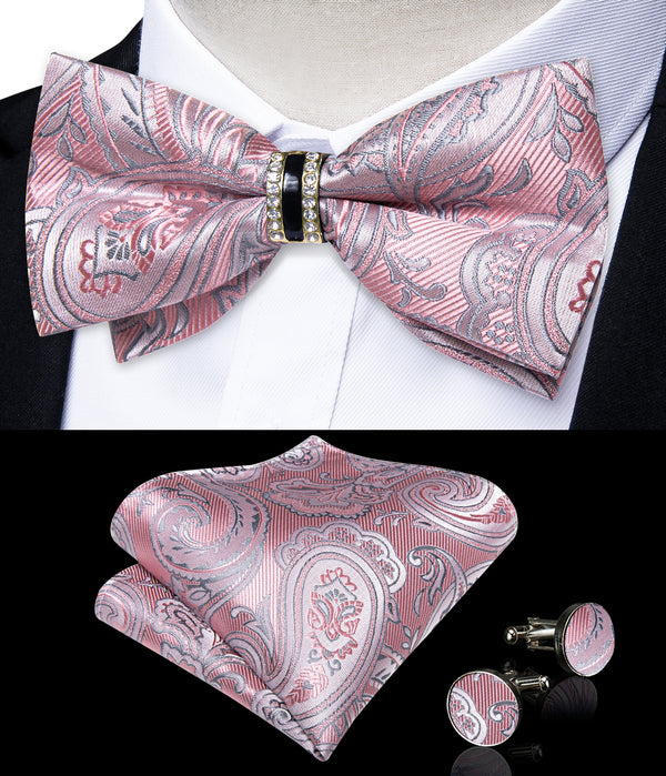 New Baby Pink Silver Paisley Silk Luxury Pre-tied Ring Bow Tie Hanky Cufflinks Set