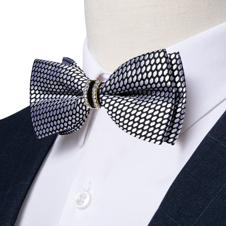 Black Bow Tie Grey Geometry Men's Silk Pre-Bow Tie Set