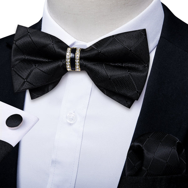 Black Plaid Classic Silk Pre-tied Ring Bow Tie Hanky Cufflinks Set