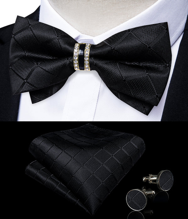 New Black Plaid Classic Silk Pre-tied Ring Bow Tie Hanky Cufflinks Set