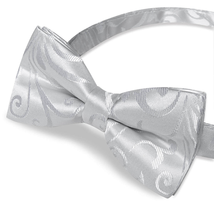  Silver Grey Floral Silk Pre-Bow Tie Set