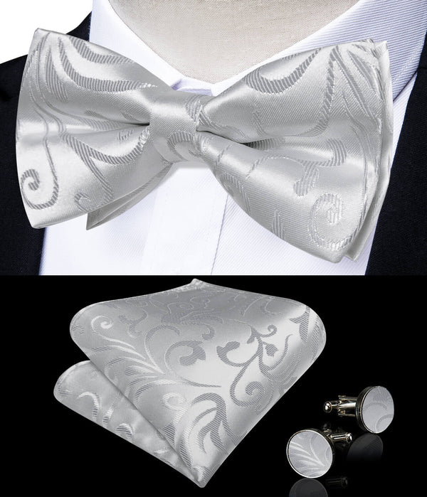  Silver Grey Floral Silk Pre-Bow Tie Set