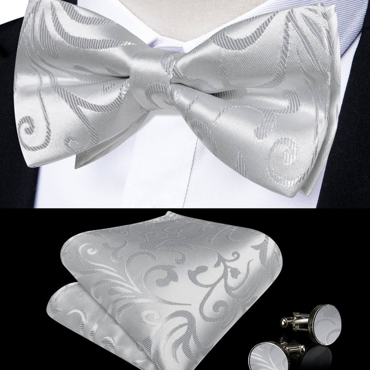  Silver Grey Floral Silk Pre-Bow Tie Set