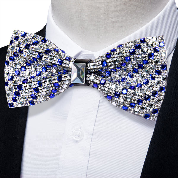 Sliver Blue Imitated Crystal Striped Bow Tie for Men Pre-tied Bowtie for Party