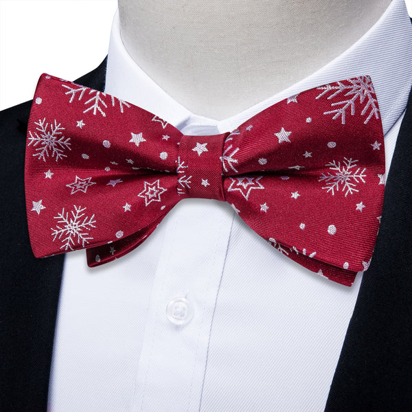 Ties2you Burgundy Snowflake Bow Tie Silk Xmas Pre-tied Bowtie Hanky Cufflinks Set for Party