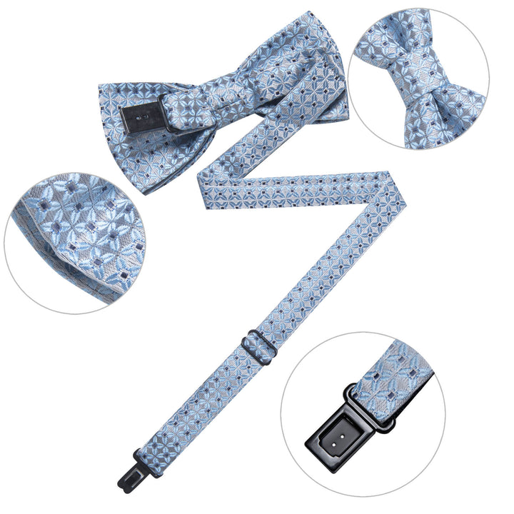  Light Blue Grey Plaid Silk Bow Tie