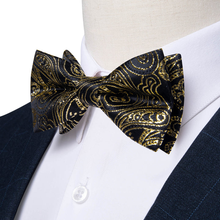  Black Gold Jacquard Floral Silk Bow Tie