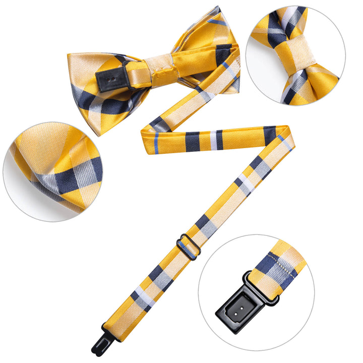  Yellow Blue Plaid Silk Bow Tie