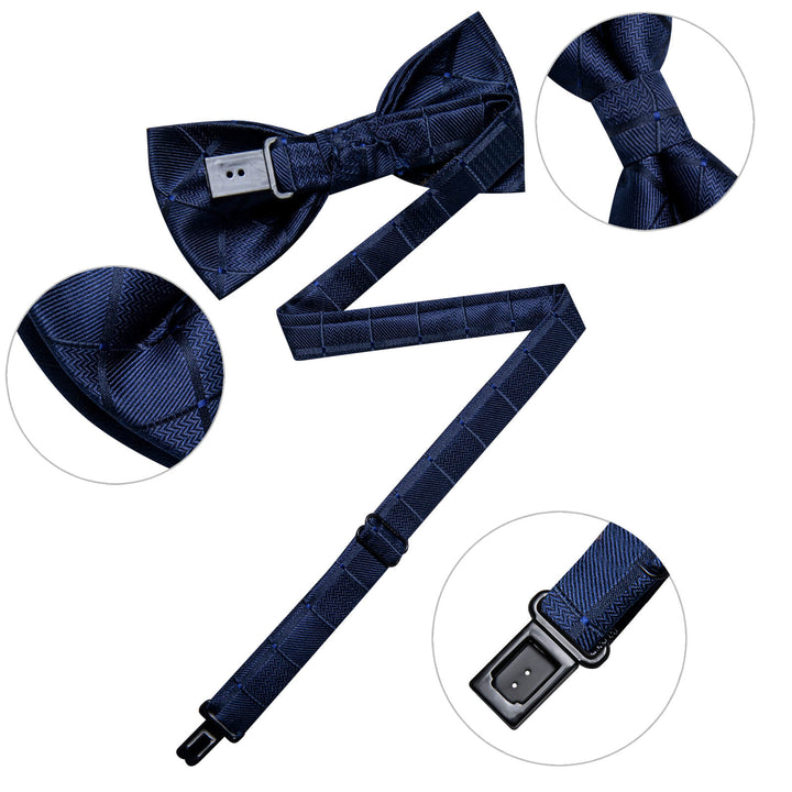 Navy Blue Woven Plaid Silk Bow Tie