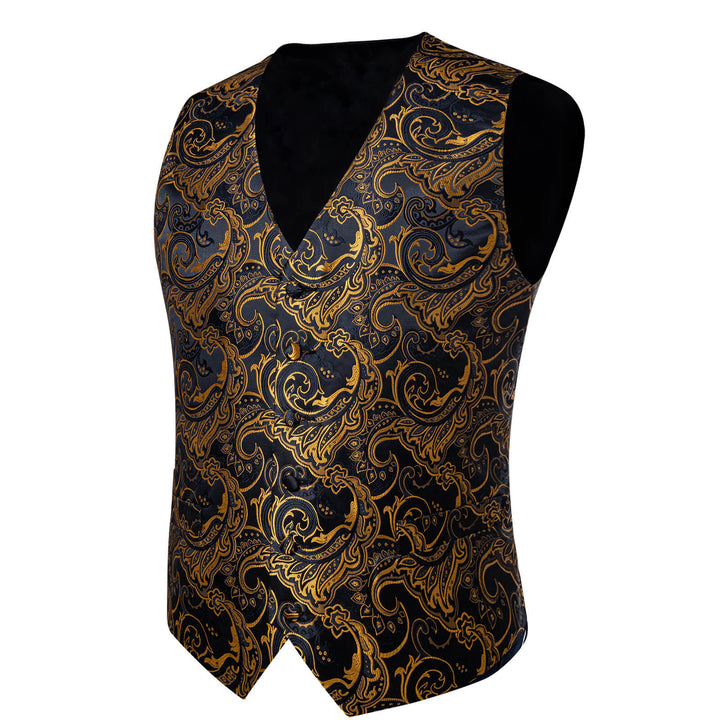 Black Gold Floral Silk Single Waistcoat Suit Vest