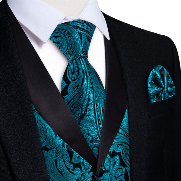 Ties2you Dress Vest Teal Blue Paisley Shawl Collar Silk Mens Waistcoat Tie Set