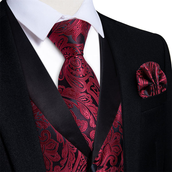 Ties2you Dress Vest Burgundy Paisley Shawl Collar Silk Mens Waistcoat Tie Set