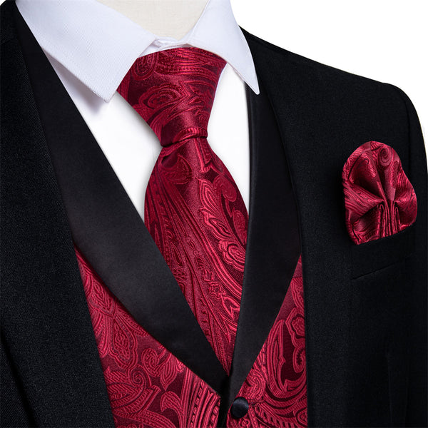Ties2you Dress Vest Burgundy Paisley Shawl Collar Silk Mens Waistcoat Tie Set