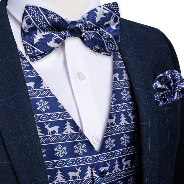 Christmas Navy Blue White Deer Novelty Men's Vest Bow Tie Set