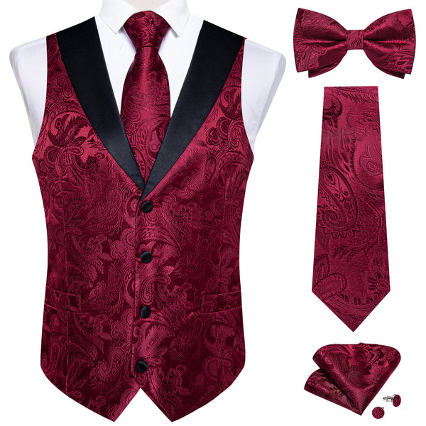Ties2you Men's Vest Burgundy Paisley Jacquard Silk Vest Necktie Bow Tie Handkerchief Cufflinks Set