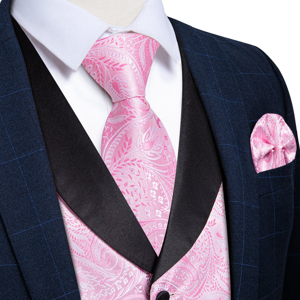Pink Paisley Black Collar Vest Tie Hanky Cufflinks Set