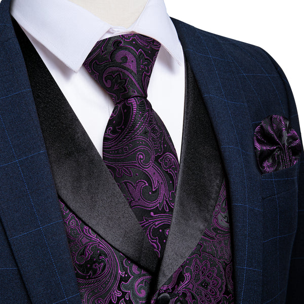Deep Purple Paisley Black Collar Vest Tie Hanky Cufflinks Set