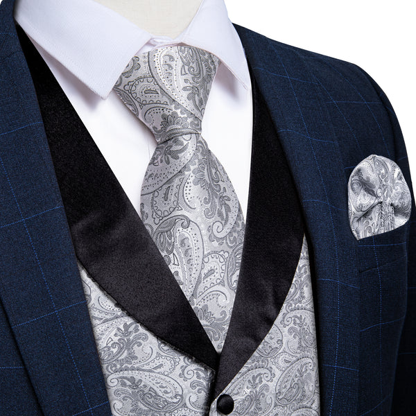 Grey Paisley Black Collar Vest Tie Hanky Cufflinks Set