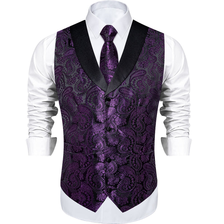 Ties2you Vest Suit Purple Paisley Black Collar Vest Tie Set for