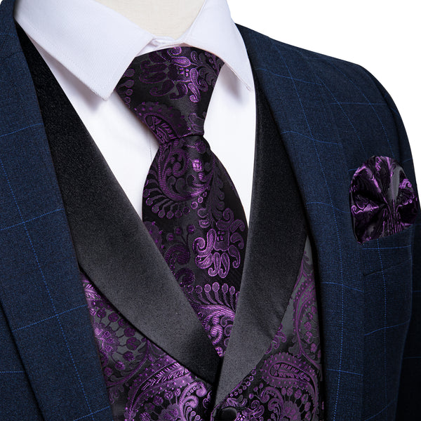 Purple Paisley Black Collar Vest Tie Hanky Cufflinks Set