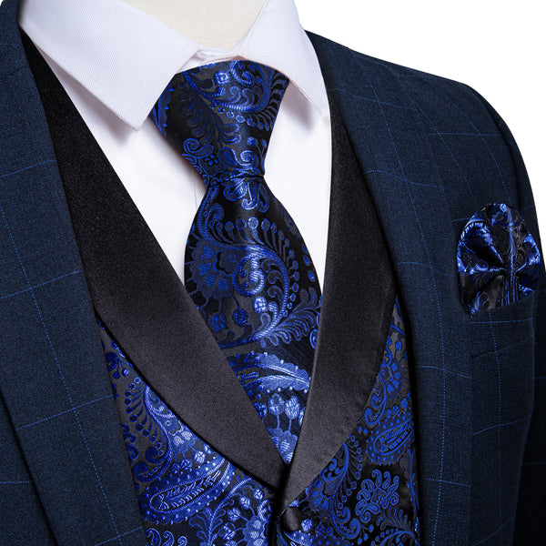 Blue Paisley Black Collar Vest Tie Hanky Cufflinks Set