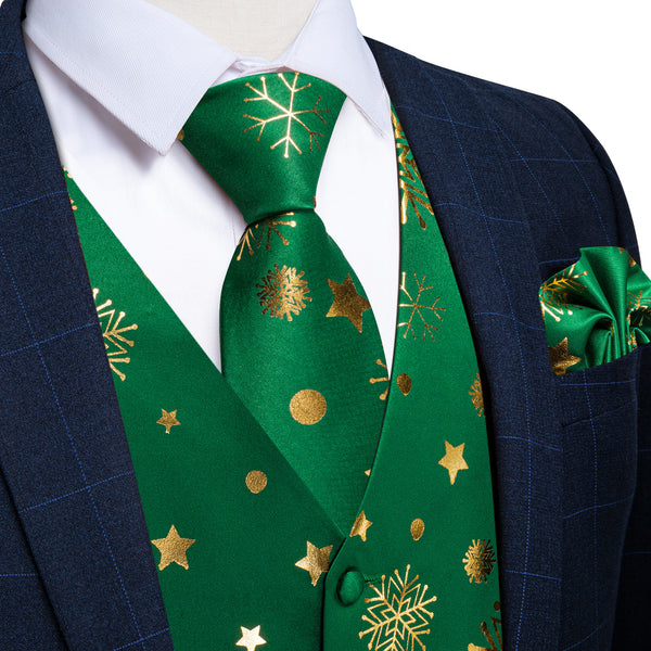 Ties2you Xmas Vest Mens Green Snowflake V-Neck Dress Waistcoat Necktie Pocket Square Cufflinks Set