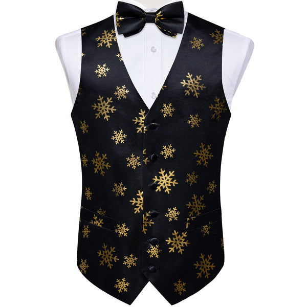 Black Golden Christmas Snowflake Novelty Silk Men's Vest Bow Tie Handkerchief Cufflinks Set