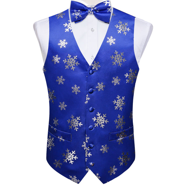 Blue Sliver Christmas Snowflake Novelty Silk Men's Vest Bow Tie Handkerchief Cufflinks Set