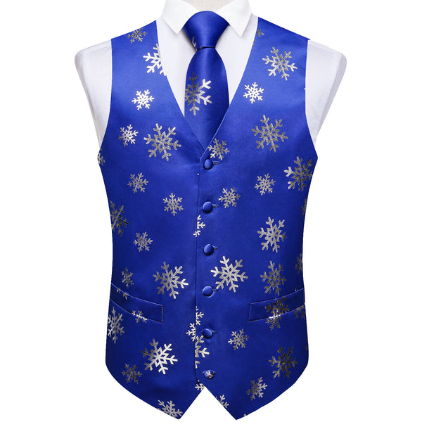Blue Sliver Christmas Snowflake Novelty Men's Vest Tie Hanky Cufflinks Set Waistcoat Suit Set