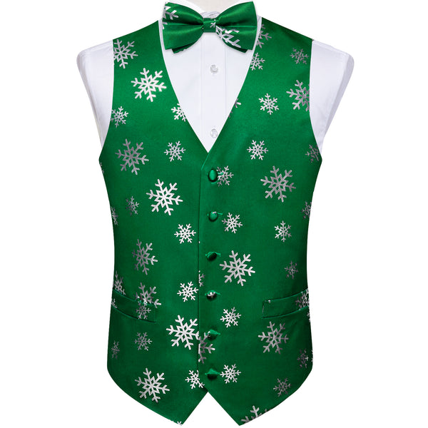 Green Sliver Christmas Snowflake Novelty Silk Men's Vest Bow Tie Handkerchief Cufflinks Set