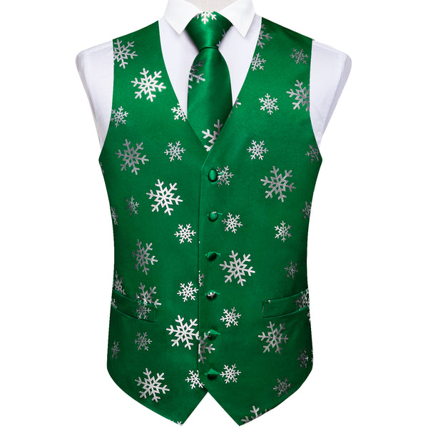 Green Sliver Christmas Snowflake Novelty Men's Vest Tie Hanky Cufflinks Set Waistcoat Suit Set
